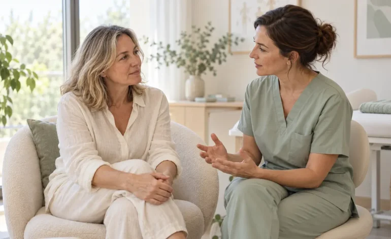 Paciente conversando con una fisioterapeuta en consulta, imagen ilustrativa