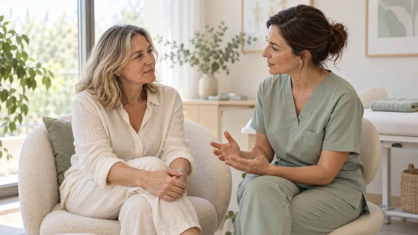 Paciente conversando con una fisioterapeuta en consulta, imagen ilustrativa