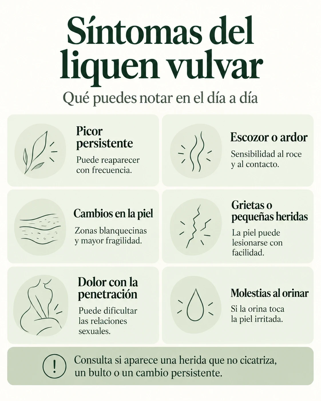 Resumen de síntomas del liquen vulvar: picor, escozor, cambios en la piel, grietas, dolor con la penetración y molestias al orinar